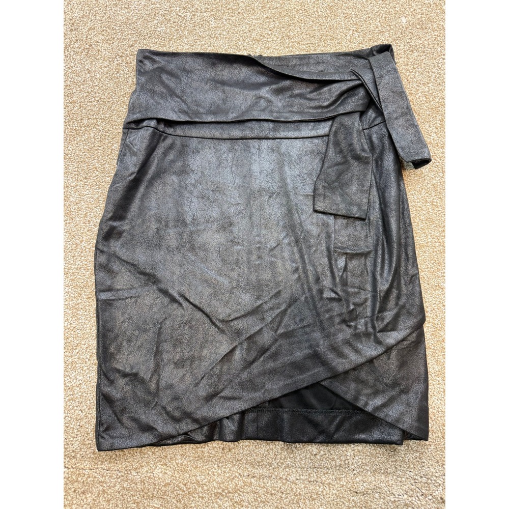 Amadi Womens Black Faux Leather Wrap Mini Skirt Side Tie S Metallic Vegan Chich